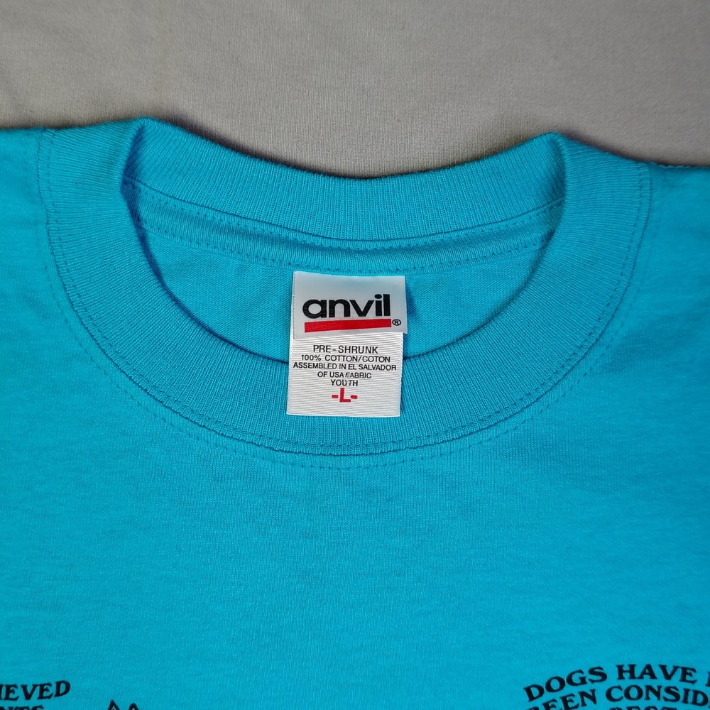 VINTAGE Anvil Dog Facts Graphic T-Shirt Youth Large Turquoise Blue Cotton - Picture 5 of 12